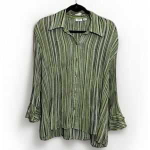 Cato Vintage Women's XL Green Retro Striped Button Up Long‎ Sleeve Blouse